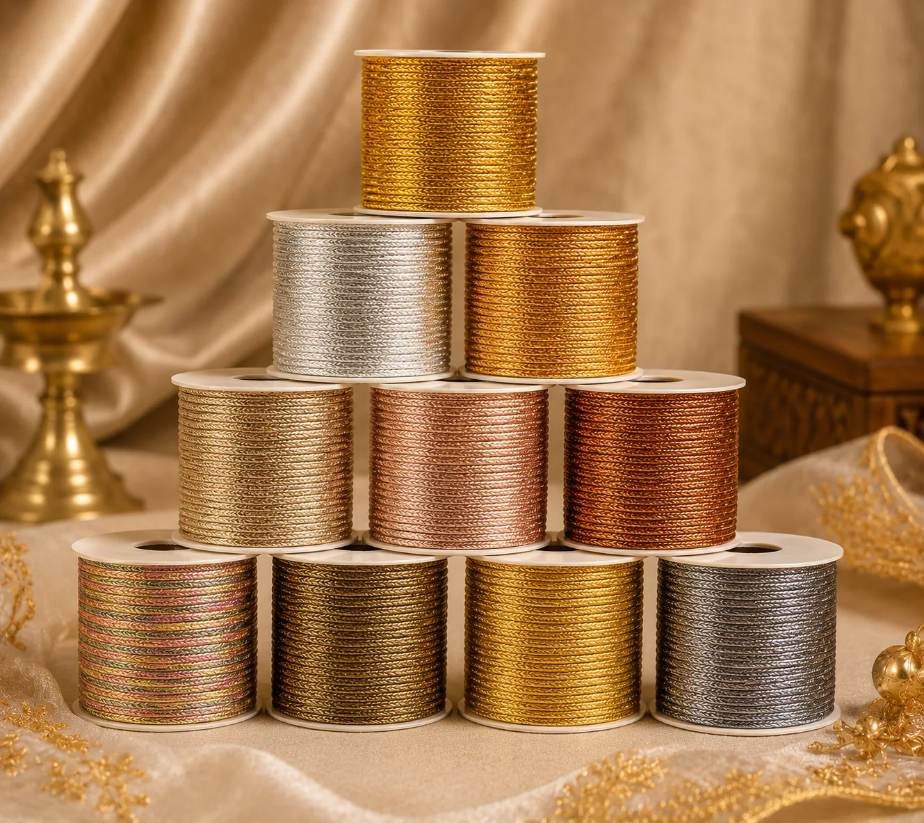 Premium Jari metallic zari yarn spools for saree borders and bridal garment manufacturing